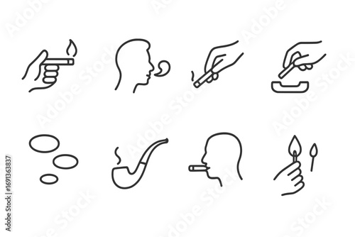 Smoking Ritual Icons. Outline icon set of smoking ritual: lighting cigarette, blowing smoke, holding cigarette, ash tapping, smoke