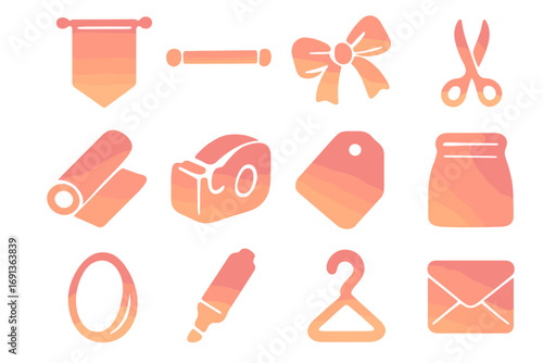 Festive Packing Icons. Gradient icons set of packing festive banners: fabric banner, dowel rod, ribbon tie, scissors, paper tube,