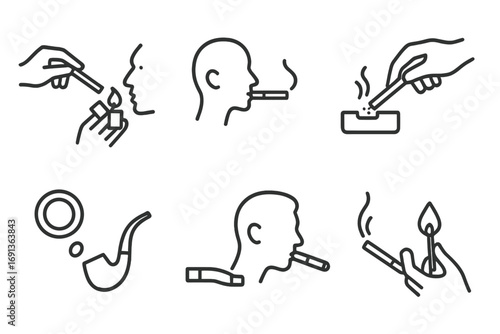Smoking Ritual Icons. Outline icon set of smoking ritual: lighting cigarette, blowing smoke, holding cigarette, ash tapping, smoke