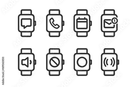 Smartwatch Notification Icons. Outline icon set of smartwatch notifications: message alert, call alert, calendar reminder, email