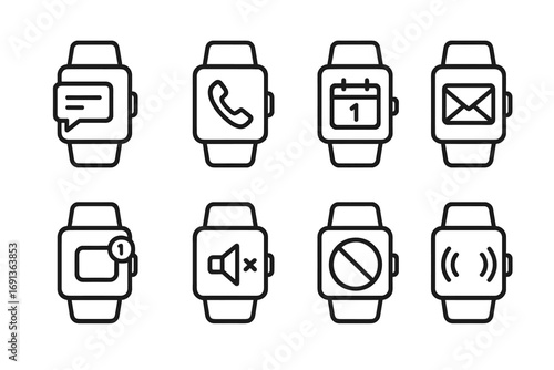 Smartwatch Notification Icons. Outline icon set of smartwatch notifications: message alert, call alert, calendar reminder, email