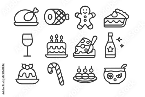 Festive Meal Icons. Outline icon set of festive meals: roast turkey, holiday ham, gingerbread cookie, pie slice, wine glass,