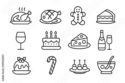 Festive Meal Icons. Outline icon set of festive meals: roast turkey, holiday ham, gingerbread cookie, pie slice, wine glass,