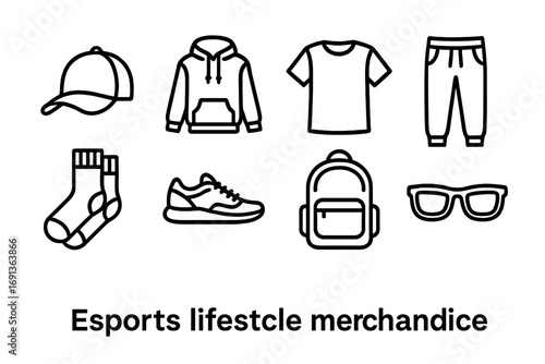 Esports Merchandise Icons. Outline icon set of Esports lifestyle merchandise: cap, hoodie, T-shirt, sweatpants