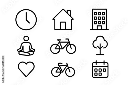 Work-Life Balance Icons. Outline icon set of work-life balance: clock, home, office building, yoga pose,
