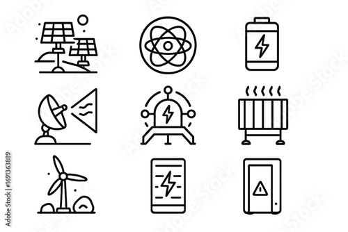 Space Energy Icon Set. Outline icon set of Space energy concepts: solar farm, fusion reactor, battery module,