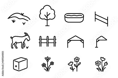 Goat Pasture Icons. Outline icon set of goat pasture: grassy hill, tree, water trough, grazing goat, fence