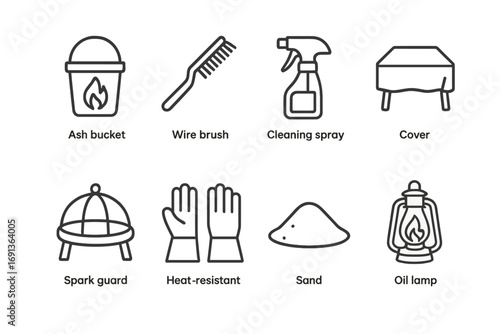 Fire Pit Maintenance Icons. Outline icon set of Fire pit maintenance: ash bucket, wire brush, cleaning spray,