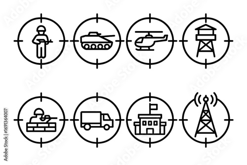 Sniper Target Icons. Outline icon set of sniper tower target types: enemy soldier, armored vehicle, helicopter, watch post, sniper