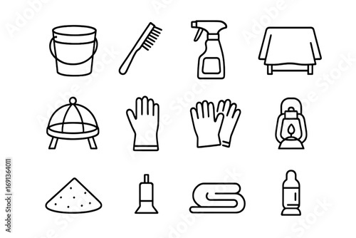 Fire Pit Maintenance Icons. Outline icon set of Fire pit maintenance: ash bucket, wire brush, cleaning spray,