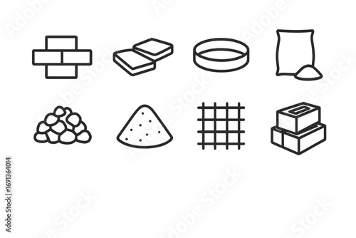 Fire Pit Materials Icons. Outline icon set of Fire pit construction materials: bricks, stone slabs, metal ring