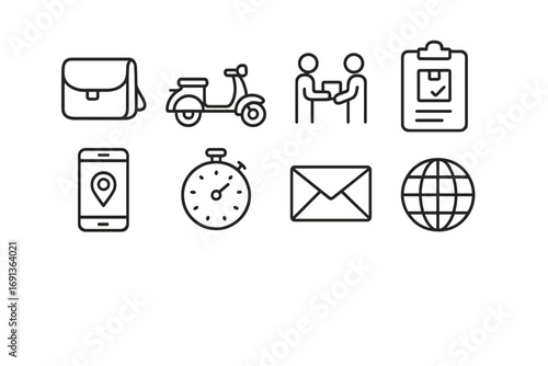 Courier Service Icons. Outline icon set of courier services: courier bag, delivery bike, package handoff,