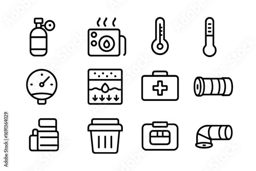 Moon Base Icons. Outline icon set of Moon base life support: oxygen tank, CO2 scrubber, water recycling unit,