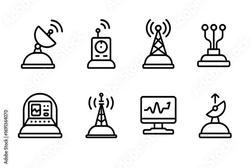 Moon Base Communication Icons. Outline icon set of Moon base communication equipment: satellite dish, radio