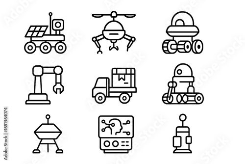 Moon Robotics Icons. Outline icon set of Moon base robotics: rover robot, maintenance drone, robotic arm,