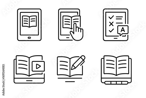Interactive Textbook Icons. Outline icon set of Interactive textbooks: e-book, touchscreen, quiz module, video