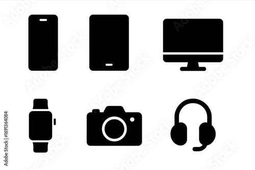 Social Media Device Icons. Solid, filled icon set of social media devices: smartphone, tablet, laptop, desktop monitor, smartwatch