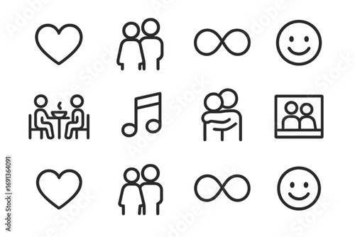 Symbols of Togetherness. Outline icon set of love and togetherness: heart, couple icon, infinity loop, smile,