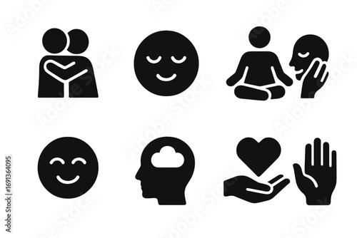 Soft Emotion Icons. Solid, filled icon set of softness in emotions: gentle hug, calm face, relaxed posture, tender touch, smiling