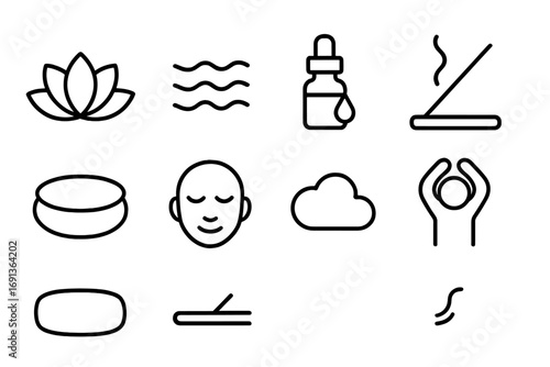 Relaxation Icons Set. Outline icon set of relaxation techniques: lotus flower, breathing waves, essential oil