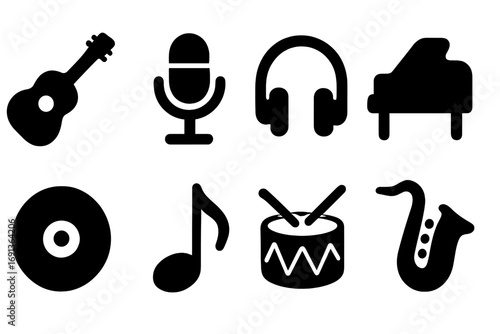 Solo Music Icons. Solid, filled icon set of solo music: guitar, microphone, headphones, piano, vinyl record, music note, drum,