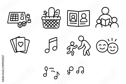Family Bonding Icons. Outline icon set of Family bonding activities: board game, picnic basket, photo album,