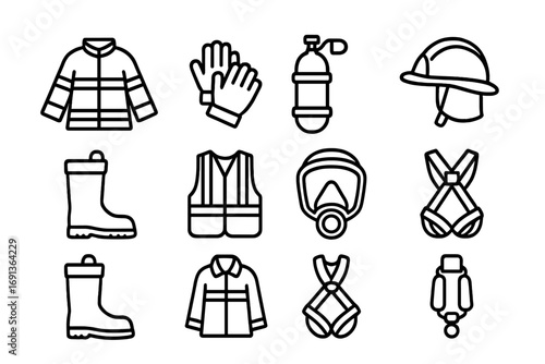 Fire Safety Icons. Outline icon set of fire safety gear: turnout coat, gloves, oxygen tank, helmet, boots,