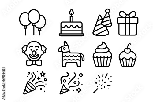 Children's Party Icons. Outline icon set of Children’s parties: balloons, birthday cake, party hat, gift box,