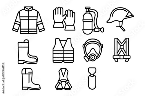 Fire Safety Icons. Outline icon set of fire safety gear: turnout coat, gloves, oxygen tank, helmet, boots,