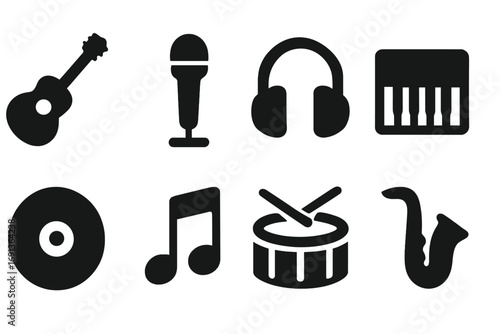 Solo Music Icons. Solid, filled icon set of solo music: guitar, microphone, headphones, piano, vinyl record, music note, drum,