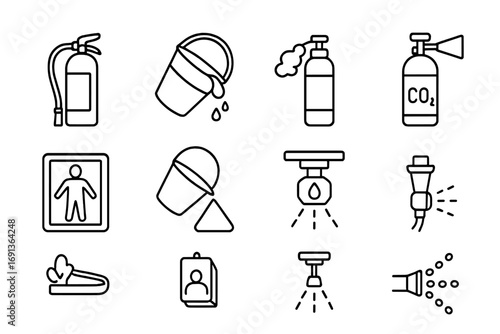 Fire Safety Icons. Outline icon set of fire extinguishing methods: extinguisher, water bucket, foam spray, CO2