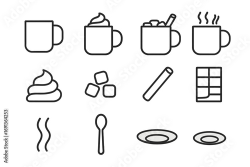 Hot Chocolate Icons. Outline icon set of Hot chocolate drinks: mug, whipped cream, marshmallows, cinnamon