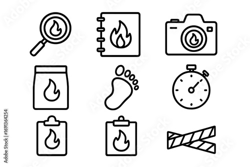 Fire Investigation Icons. Outline icon set of fire investigation: magnifying glass, notebook, camera, evidence