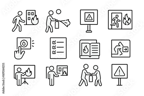 Fire Safety Icons. Outline icon set of prevention and training: fire drill, extinguisher practice, safety sign