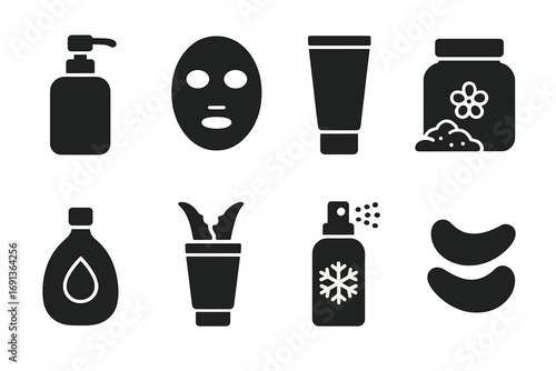 Soothing Body Care Icons. Solid, filled icon set of soothing body care: lotion bottle, face mask, hand cream, bath salts, massage