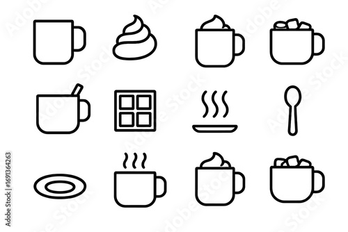 Hot Chocolate Icons. Outline icon set of Hot chocolate drinks: mug, whipped cream, marshmallows, cinnamon