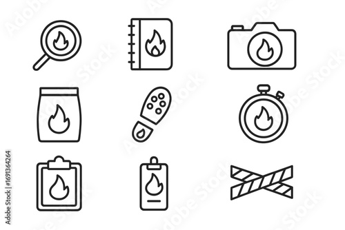Fire Investigation Icons. Outline icon set of fire investigation: magnifying glass, notebook, camera, evidence