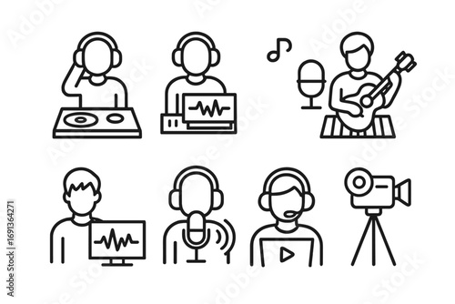Sound Icon Set. Outline icon set of sound pack users: DJ, producer, composer, musician, sound designer, podcaster, streamer,