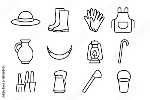 Farmers' Icon Set. Outline icon set of farmers’ lifestyle: straw hat, boots, gloves, apron, water jug, hammock