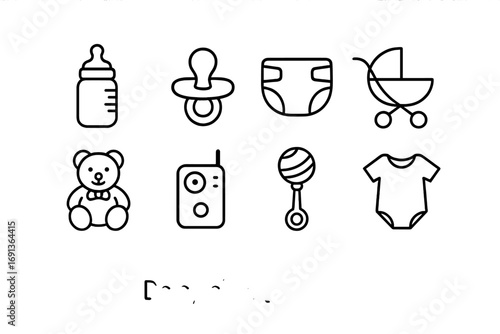 Babysitting Essentials Icons. Outline icon set of Babysitting essentials: baby bottle, pacifier, diaper,