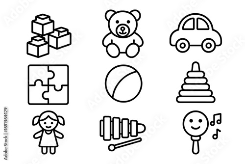Playtime Toy Icons. Outline icon set of Playtime toys: blocks, teddy bear, toy car, puzzle, ball, stacking