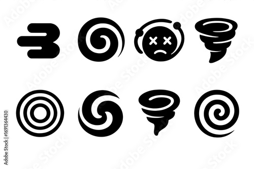 Spin Effect Icons. Solid, filled icon set of spin effects: blur, whirl, dizzy, whirlwind, ripple, swirl, cyclone, spiral motion.