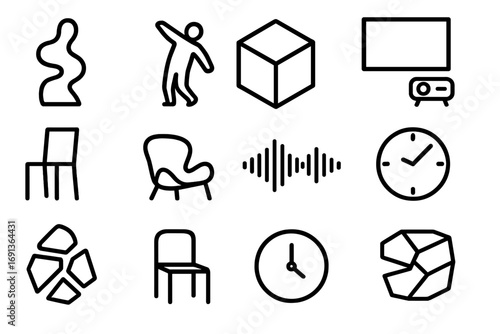 Experimental Art Icons. Outline icon set of experimental art: abstract sculpture, body movement, cube,