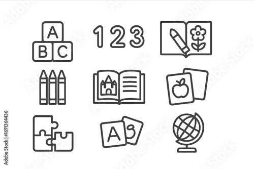 Educational Icons Grid. Outline icon set of Educational activities: alphabet blocks, numbers, coloring book,