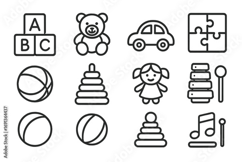 Playtime Toy Icons. Outline icon set of Playtime toys: blocks, teddy bear, toy car, puzzle, ball, stacking