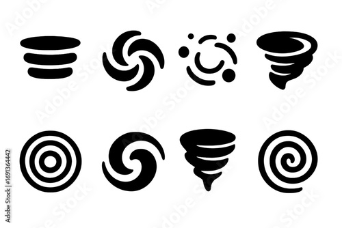 Spin Effect Icons. Solid, filled icon set of spin effects: blur, whirl, dizzy, whirlwind, ripple, swirl, cyclone, spiral motion.