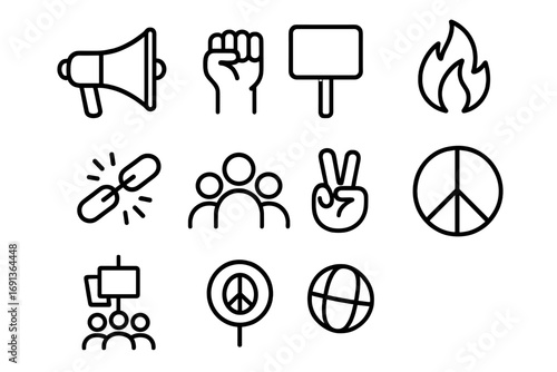 Protest Icon Grid. Outline icon set of protest art: megaphone, raised fist, placard, flame, chain break, crowd