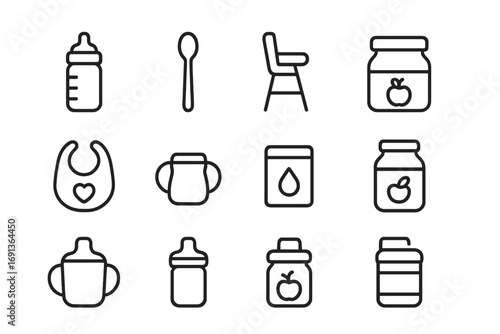 Baby Feeding Icon Set. Outline icon set of Feeding and nutrition: baby bottle, spoon, high chair, baby food