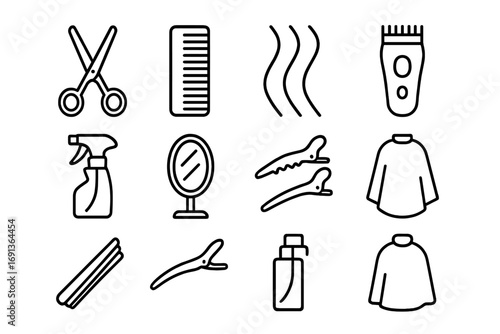 Hair Styling Icons. Outline icon set of Hair cut texture layers: scissors, comb, hair strands, clippers, hair