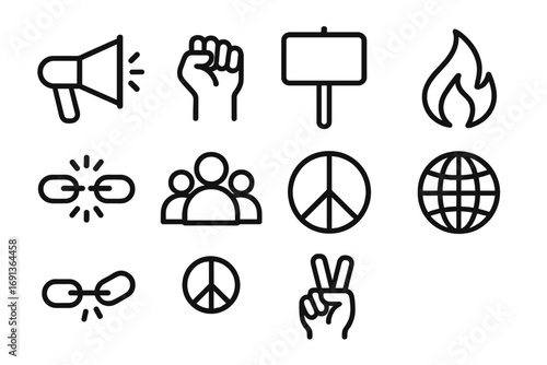 Protest Icon Grid. Outline icon set of protest art: megaphone, raised fist, placard, flame, chain break, crowd